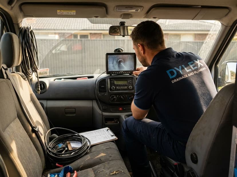 Plumbing engineer reviewing CCTV drain camera footage on van monitor