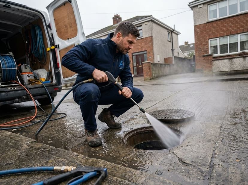 Drainage engineer operating high-pressure jetting equipment at an open manhole to clear blocked drain