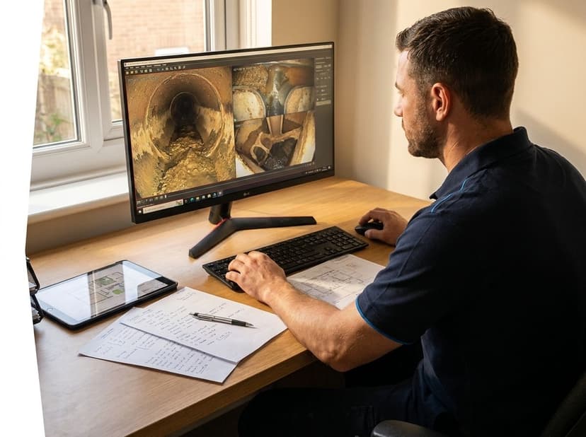 Drainage engineer reviewing CCTV survey footage on monitor at Dublin property