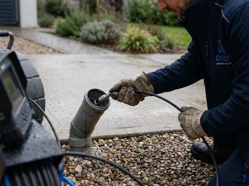 Plumber inserting waterproof CCTV drain camera into residential pipe during Dublin survey