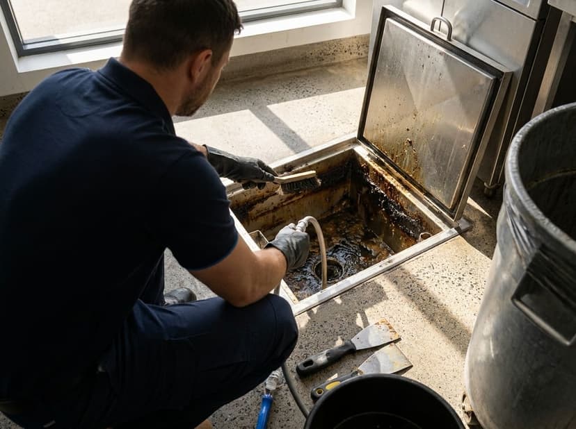 Technician cleaning a commercial kitchen grease trap during routine maintenance service